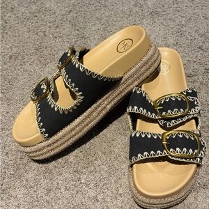 MKs Black Double-Strap Espadrille Platform Sandals with Gold Buckles